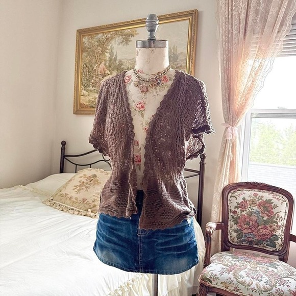 Xhilaration Sweaters - Brown fairy Crochet cardigan  Y2K brown crochet cardigan Xhilaration size medium